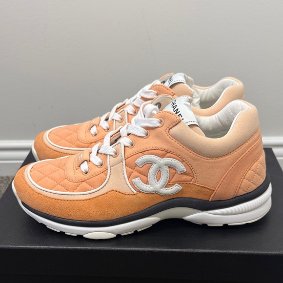 Chanel Peach Suede Quilted Logo Sneakers - 38.5 - Picture 7 of 10